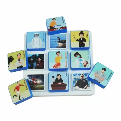 Childrens matching game tiles with professions and corresponding photos on a white tray