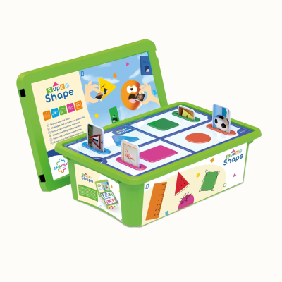 Green educational toy box with shape and image cards labeled Super Shape