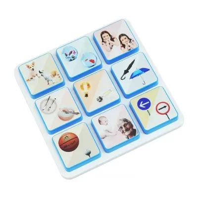 Childrens memory matching game tiles with various images on a white base