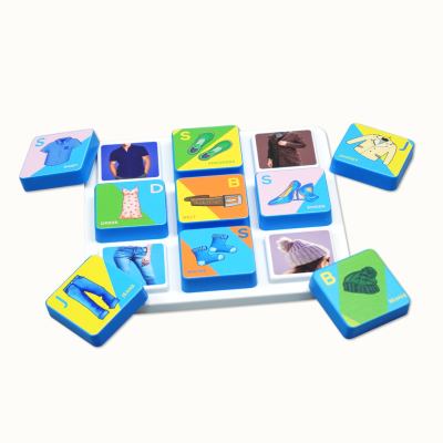 Blue blocks with clothing images and text on a white background