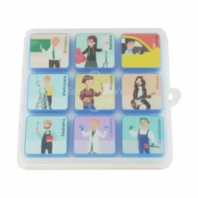 Set of nine profession illustration tiles in a white plastic case.