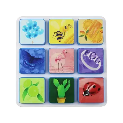 Memory game tiles with colorful images of objects and animals