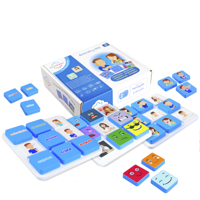 Activity kit with blue emotion-themed pieces and packaging box