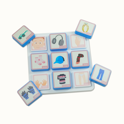 Blue-framed cartoon image tiles with clothing and body part labels on a white board