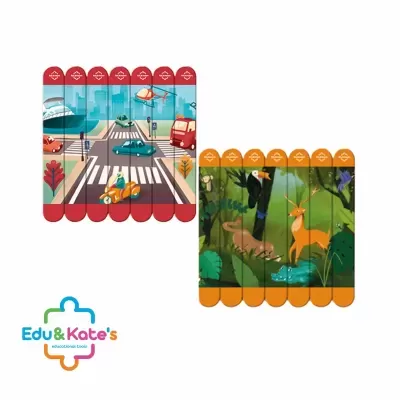 Colorful wooden puzzle sticks with city traffic and forest animals illustrations, Edu & Kates branding