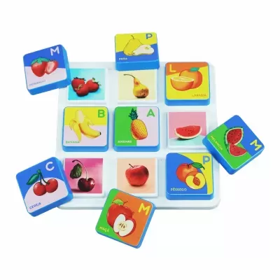 Childrens wooden puzzle with fruit illustrations and Portuguese names