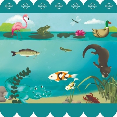 Illustrated pond scene with various animals including flamingo, frog, duck, fish, crocodile, and otter.