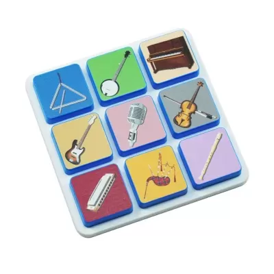 White board with blue buttons showing various musical instruments and a microphone