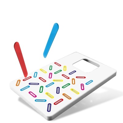 White phone case with colorful paperclip pattern and large floating red and blue paperclip shapes