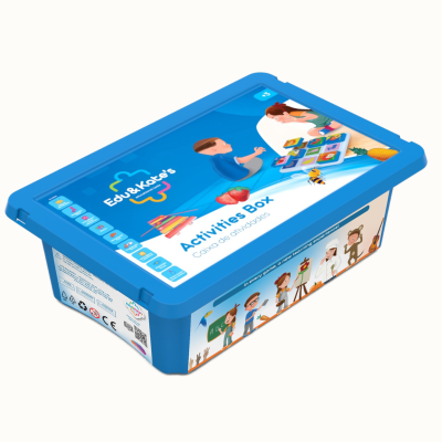 Blue educational activities box with colorful childrens illustrations