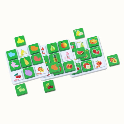 Fruit-themed shuffle puzzle pieces with letters and colorful fruit illustrations