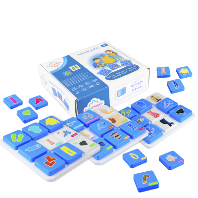 Educational activity kit with clothing tiles and box