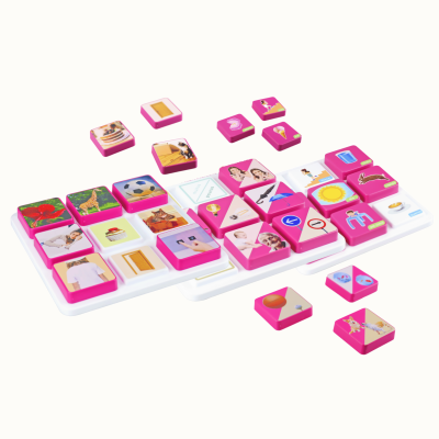 White board with pink and white square tiles showing diverse images in a scattered arrangement