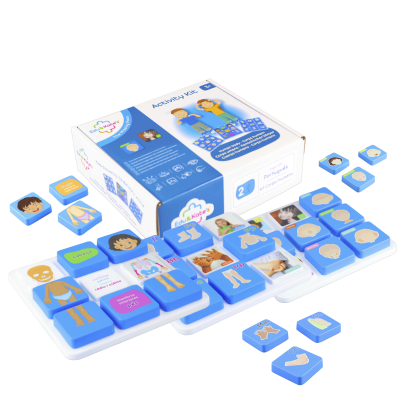 Educational activity kit with blue plastic pieces showing body parts and a white box