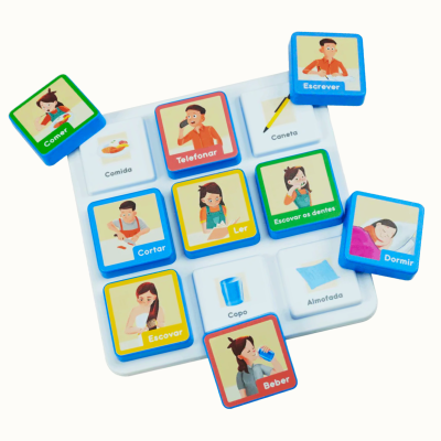 Childrens matching puzzle game with activity illustrations and Portuguese words