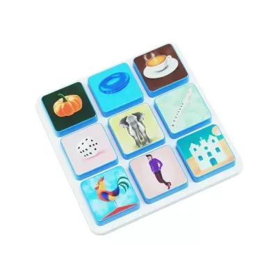 White board with nine colorful tiles showing various images including pumpkin, ring, tea cup, dice, elephant, recorder, rooster, man, and building.