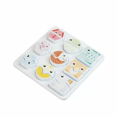 White plastic animal face puzzle pieces in pastel colors on a white tray