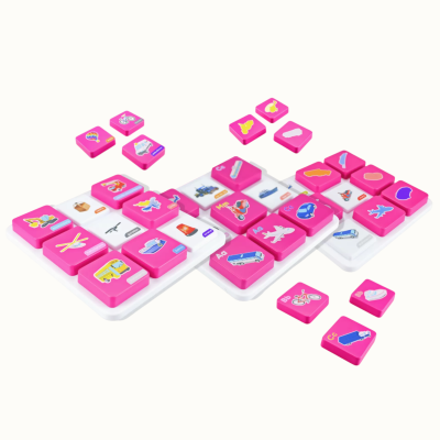 White tray with pink tiles showing vehicle images and letters for a childrens educational game