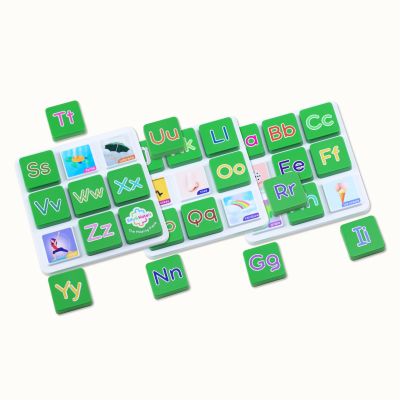 Education toy with green letter tiles and picture word cards on white trays.