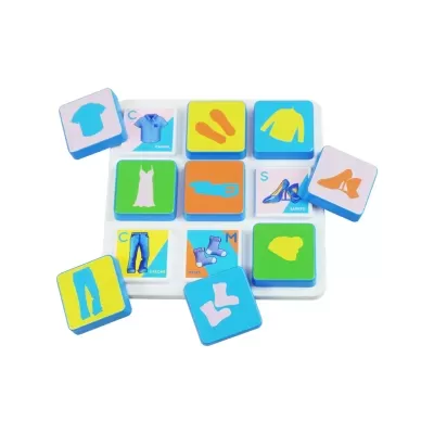 Colorful wooden childrens clothing matching puzzle game pieces on a white tray.