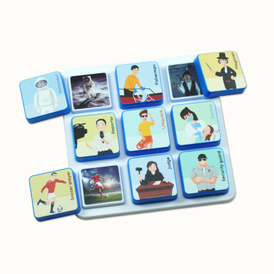 Blocks with images and names of different professions on a white base