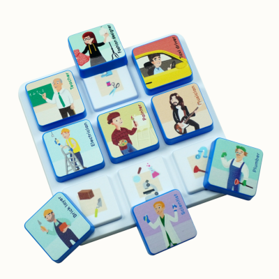 Colorful square tiles with cartoon characters representing different professions on a white base