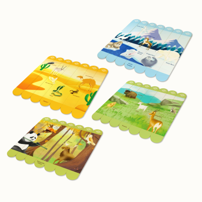 Wooden puzzle boards featuring illustrations of animals and their habitats with labels.