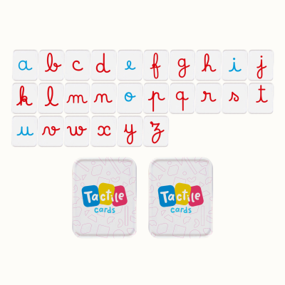 White tactile alphabet cards in red and blue cursive letters with two Tactile cards labeled tins