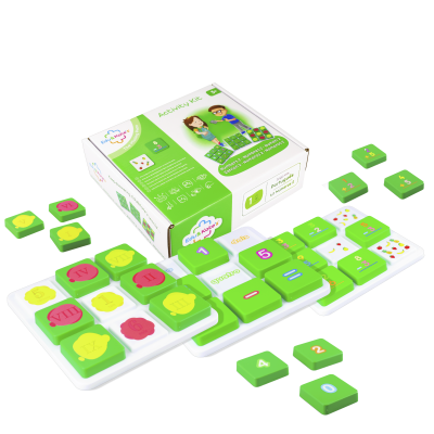 Educational activity kit tiles and box with numbers and arithmetic symbols