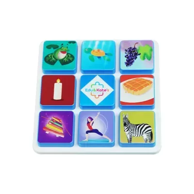 White board with nine blue square tiles each showing a different colorful image arranged in 3x3 layout