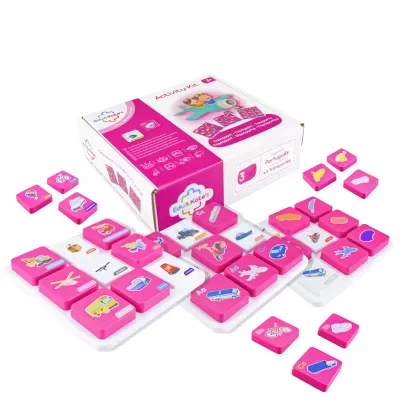 Childrens transport-themed activity kit with pink tiles and white boards