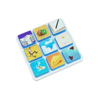 White board with nine illustrated square tiles showing various objects and animals