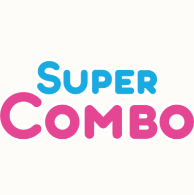 Text SUPER COMBO with SUPER in blue and COMBO in pink on white background