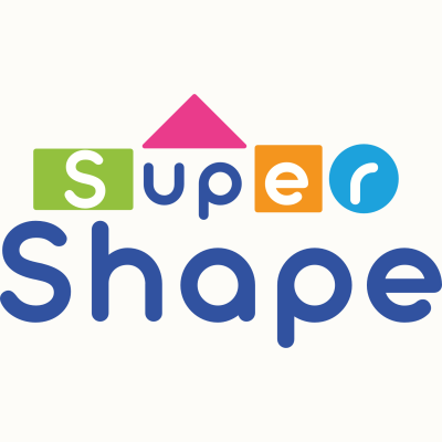 Logo with colorful letters forming Super Shape with geometric shapes