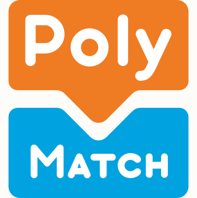 Poly MATCH logo with orange and blue background shapes