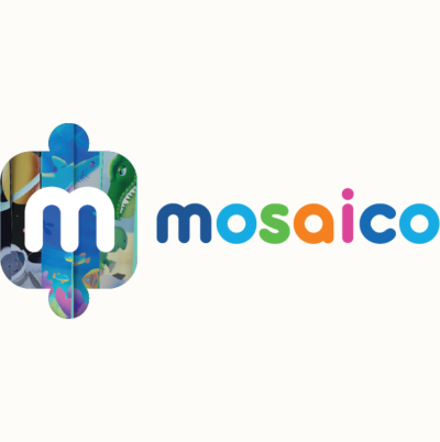 Logótipo mosaico com letras coloridas e símbolo m com padrão colorido