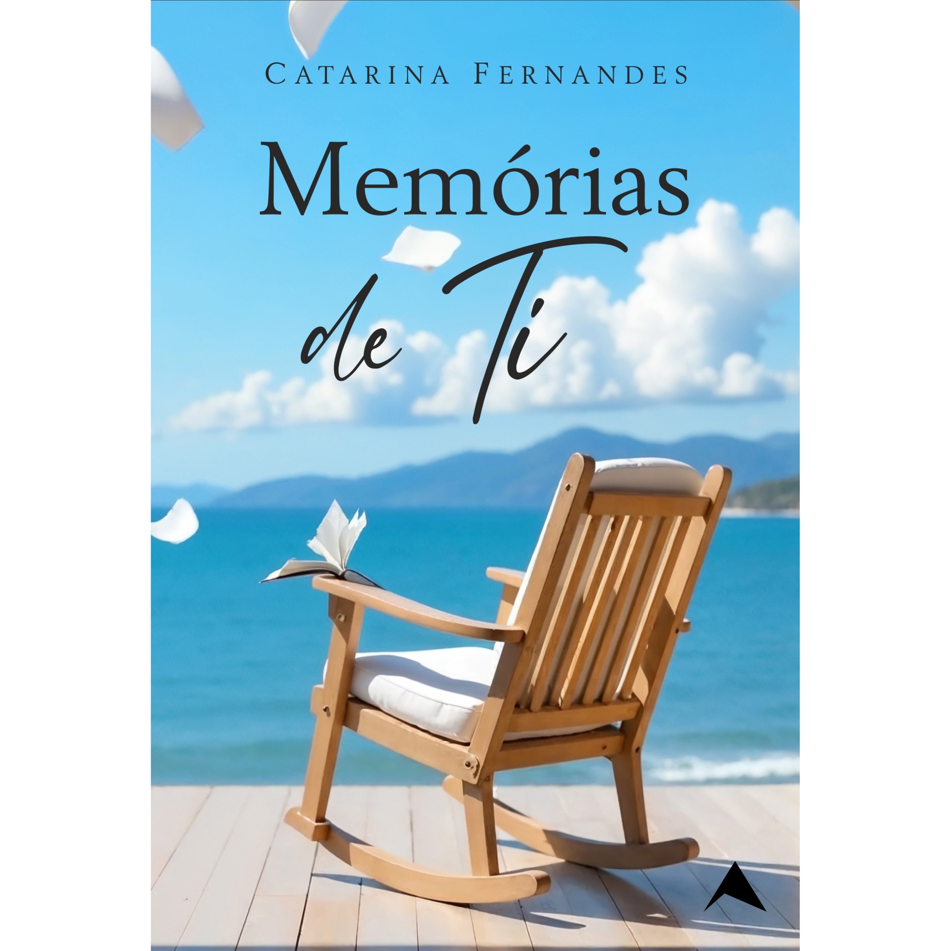 Memórias de Ti Livro Memórias de Ti, cadeira de baloiço de madeira junto ao mar
