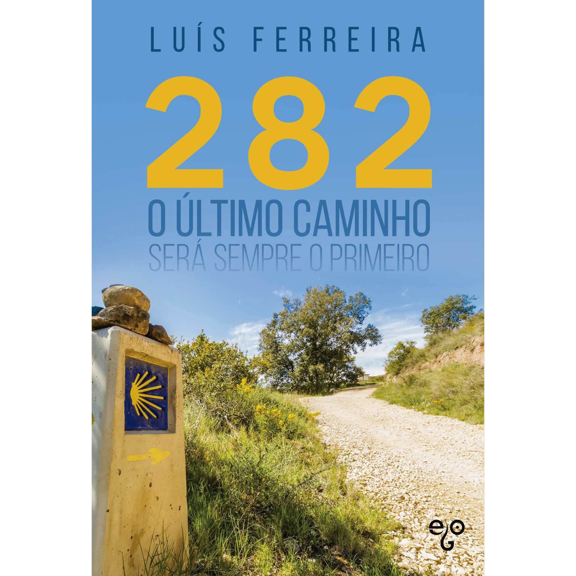 282 Capa de livro com título e imagem de caminho de terra com placa amarela e vieira azul