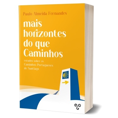 Livro amarelo e branco com título 'mais horizontes do que Caminhos' e ilustração de marco de caminho