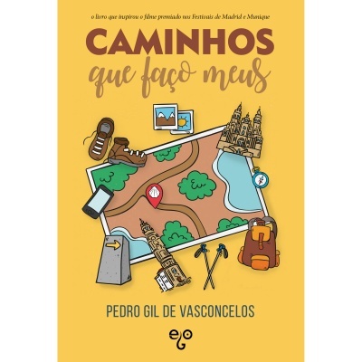 Capa de livro amarelo com título e ilustrações de viagem