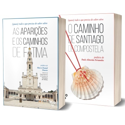 Dois livros portugueses com capa branca sobre Fátima e Santiago de Compostela.