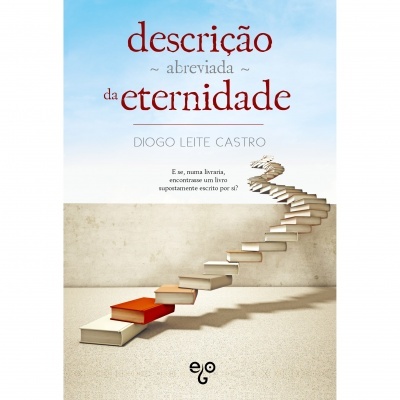 Capa de livro 'descrição abreviada da eternidade' com escada de livros que sobe para o céu