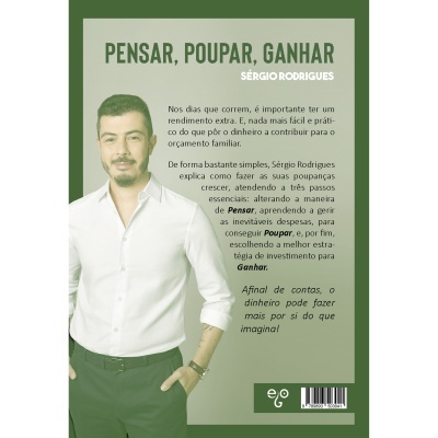 Capa de livro 'PENSAR, POUPAR, GANHAR' de Sérgio Rodrigues com foto do autor e texto explicativo