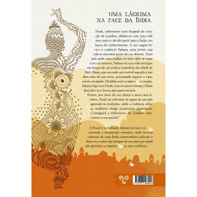 Capa de livro amarela e laranja com figura decorativa feminina e texto 'UMA LÁGRIMA NA FACE DA ÍNDIA'.