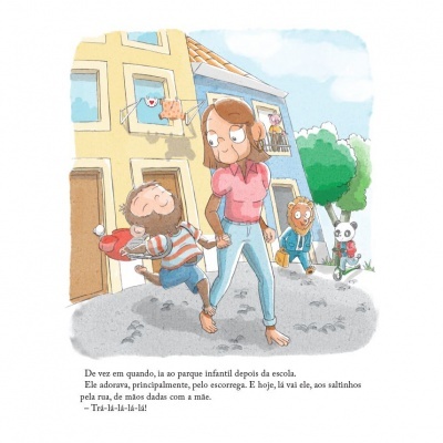 Ilustração de mulher e criança a brincar ao ar livre junto a um prédio amarelo com janelas abertas.