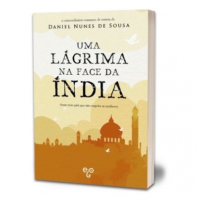 Capa do livro 'Uma Lágrima na Face da Índia' com ilustração da skyline da índia em tons creme e laranja