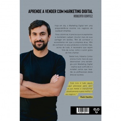 Capa traseira de livro sobre marketing digital com foto de autor e texto explicativo