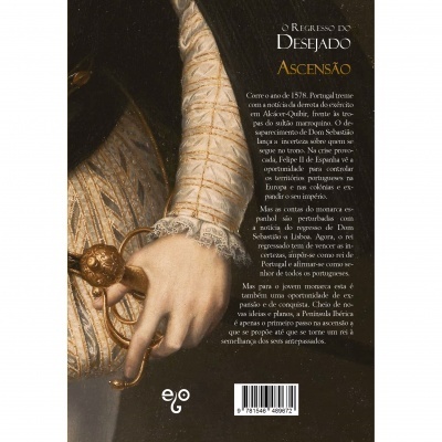 Livro com braço vestindo roupa bordada segurando esfera dourada, texto em português e código de barras