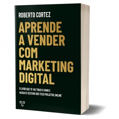Livro preto com texto dourado e branco sobre marketing digital