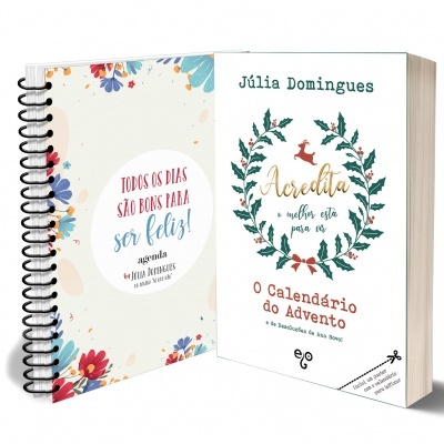 Dois livros, um colorido em espiral com florais e agenda, outro branco com guirlanda e título de calendário do advento